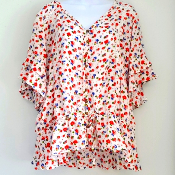 Caffe Marrakesh floral ruffle boho button down blouse size XL - Picture 2 of 9
